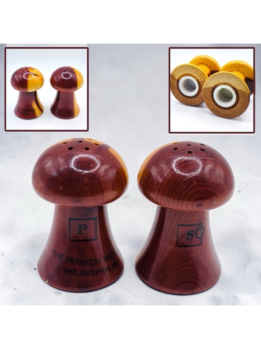 Vintage Wooden Franklin Inst. PA Souvenir Mushroom Salt & Pepper Shakers. RARE!